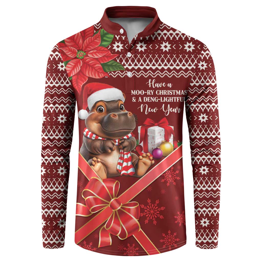 Red long-sleeve button-up Christmas sweatshirt with hippo and holiday gifts graphic