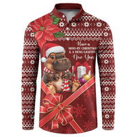 Red long-sleeve button-up Christmas sweatshirt with hippo and holiday gifts graphic
