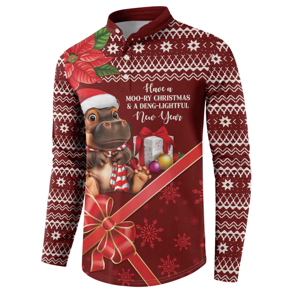Red long-sleeve button-up Christmas sweatshirt with hippo, gift boxes, and ornament graphic