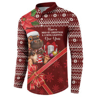 Red long-sleeve button-up Christmas sweatshirt with hippo, gift boxes, and ornament graphic