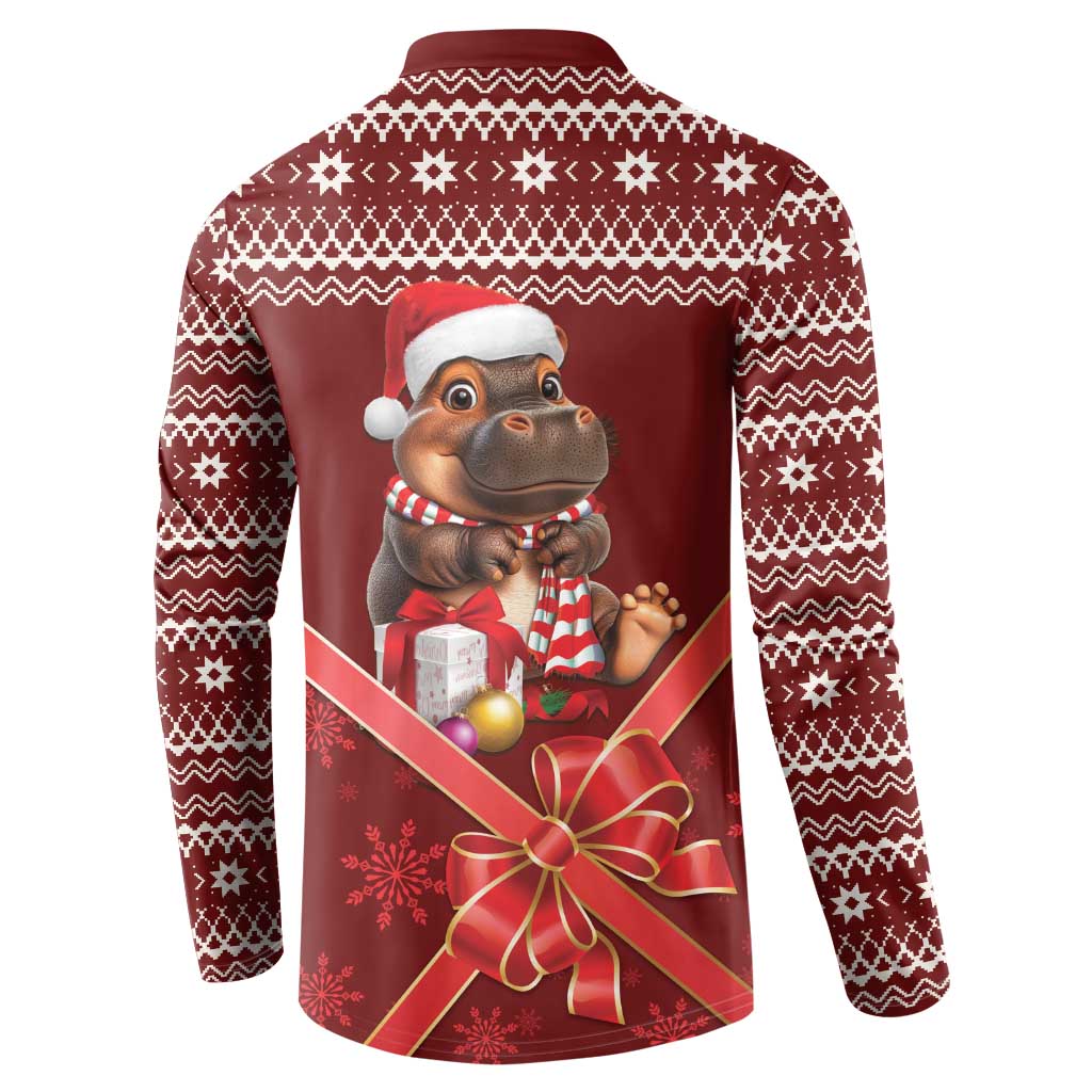 Red long-sleeve button-up Christmas sweatshirt with back hippo and holiday ornament gift graphic