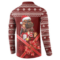 Red long-sleeve button-up Christmas sweatshirt with back hippo and holiday ornament gift graphic