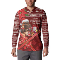 Red long-sleeve button-up Christmas sweatshirt with hippo in Santa hat and gift graphic