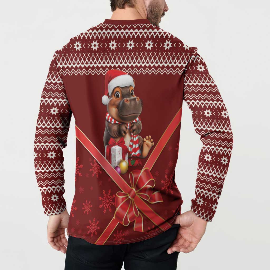 Red long-sleeve button-up Christmas sweatshirt back view with hippo holding Christmas baubles