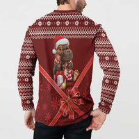 Red long-sleeve button-up Christmas sweatshirt back view with hippo holding Christmas baubles