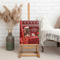 Red Christmas canvas wall art of smiling cartoon hippo with Santa hat, gifts, and bow