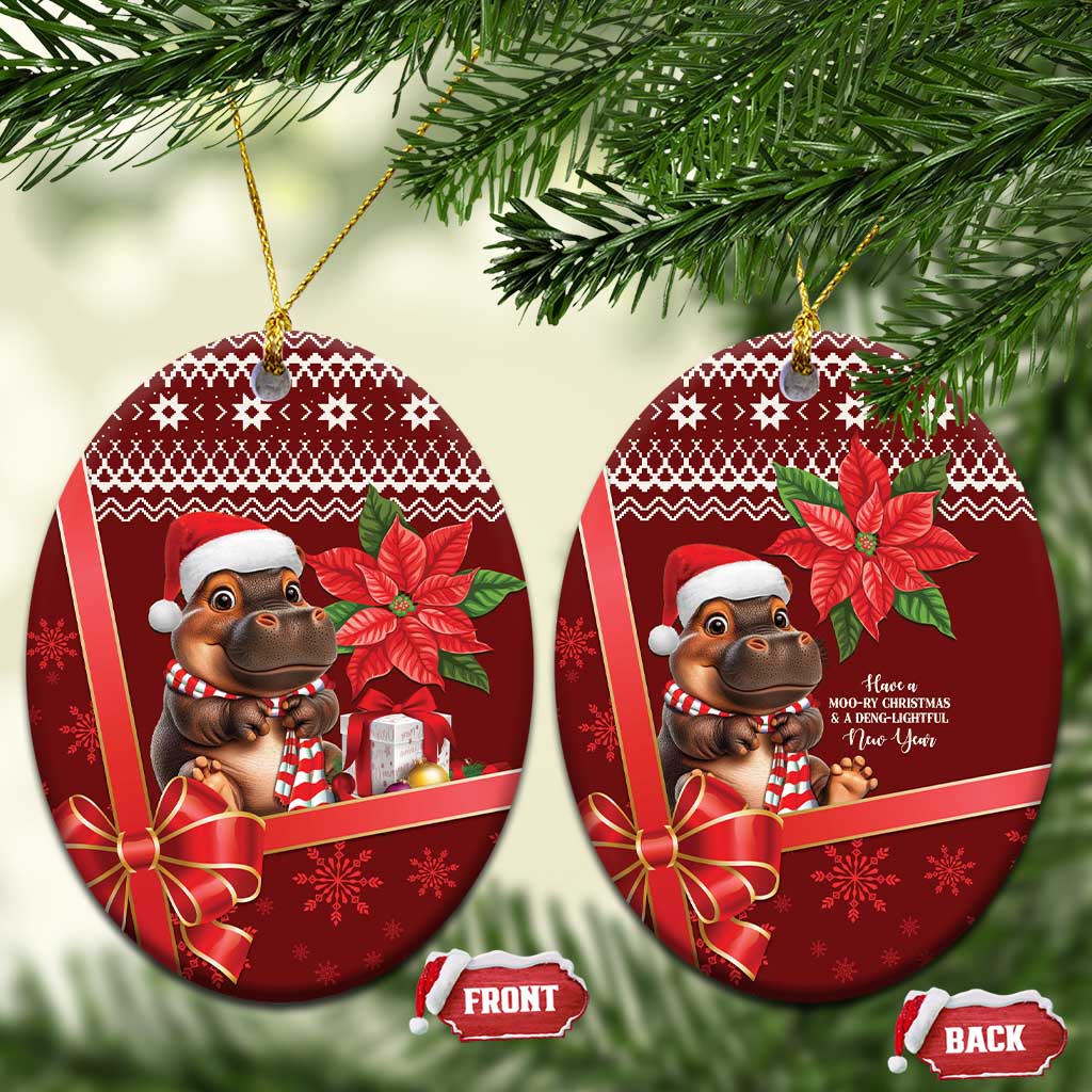 Red oval ceramic Christmas ornaments set, cartoon cow in Santa hat, poinsettia, gold loops