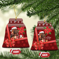 Red bell-shaped ceramic Christmas ornaments set, cartoon cow in Santa hat, bow, gold loop