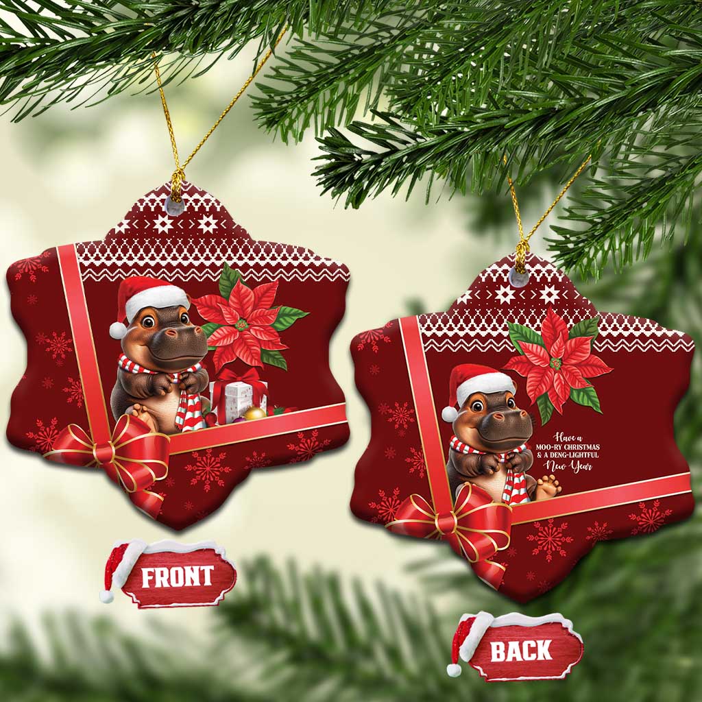 Red heart-shaped ceramic Christmas ornaments set, cartoon cow in Santa hat, poinsettia, gold loops