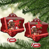 Red heart-shaped ceramic Christmas ornaments set, cartoon cow in Santa hat, poinsettia, gold loops
