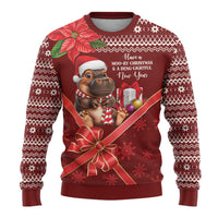 Red holiday sweater with cartoon animal in Santa hat, gifts, bow and snowflake knit