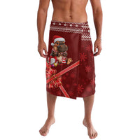 Red Christmas lavalava with cartoon Santa and reindeer graphic, snowflake border