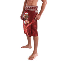 Red Christmas lavalava with Santa and reindeer print, bow graphic, side view