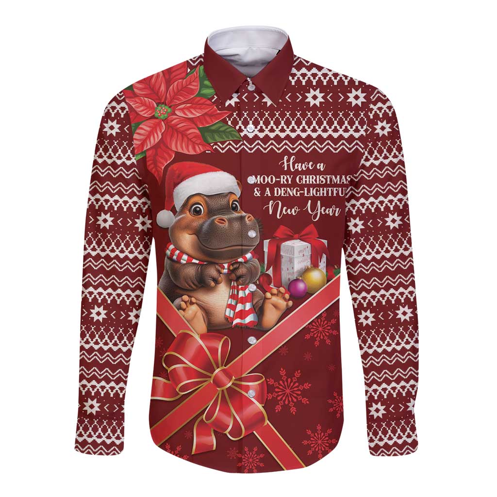 Red long-sleeve button shirt with cartoon Moo Deng, poinsettia, and holiday greeting text