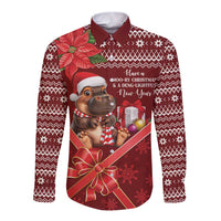 Red long-sleeve button shirt with cartoon Moo Deng, poinsettia, and holiday greeting text