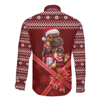 Red long-sleeve button shirt with cartoon Moo Deng holding gift in Christmas graphic