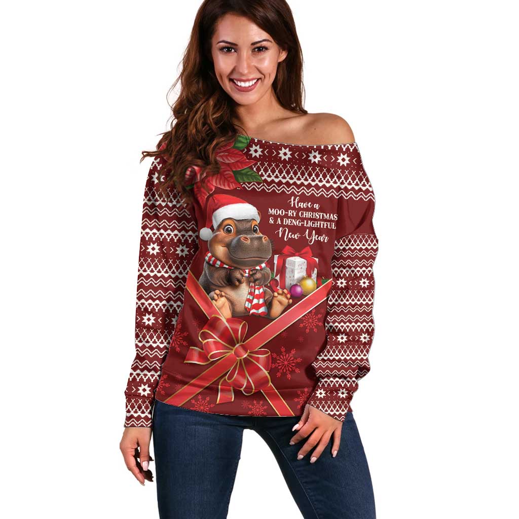 Funny Moo Deng Christmas Off Shoulder Sweater - Wonder Print Shop