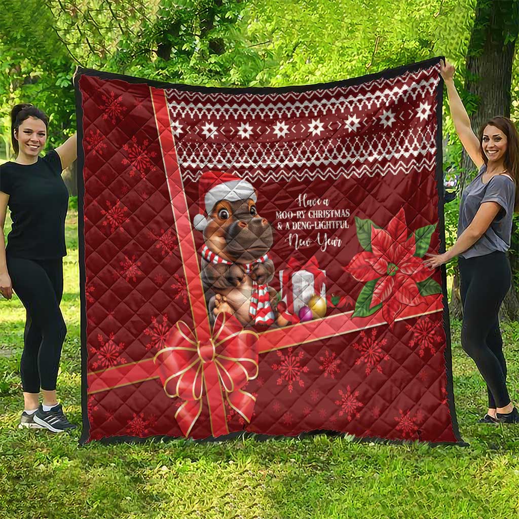 Red Christmas quilt displayed outdoors, holiday knit border, cartoon mouse with wrapped presents