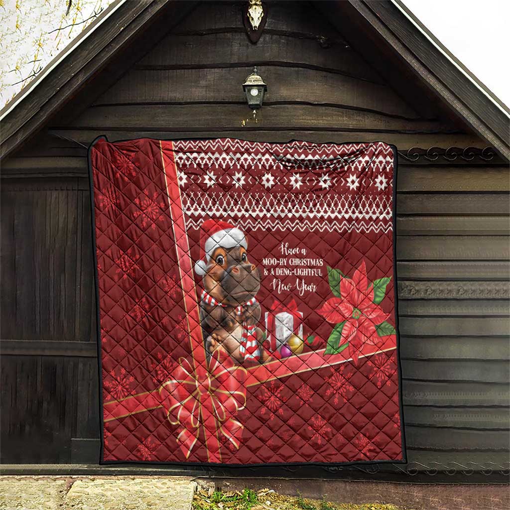 Red Christmas quilt with quilted texture, cartoon mouse holding gifts, poinsettias and lights