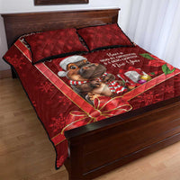 Red Christmas quilt bed set with cowboy-style buffalo character and gift artwork
