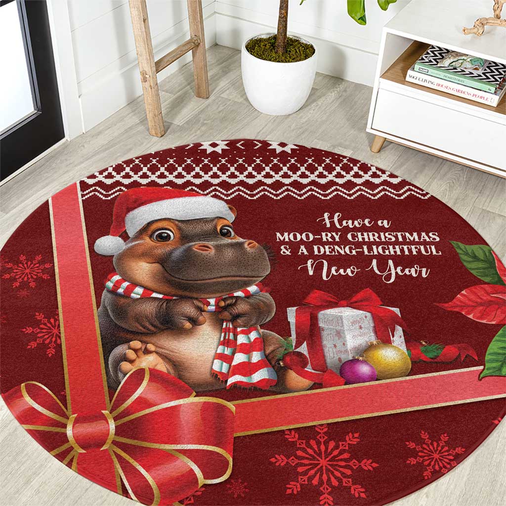 Red round Christmas carpet featuring a cartoon cow, holiday text, and gift images