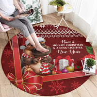 Red round Christmas carpet with cartoon cow hugging a candy cane and gifts