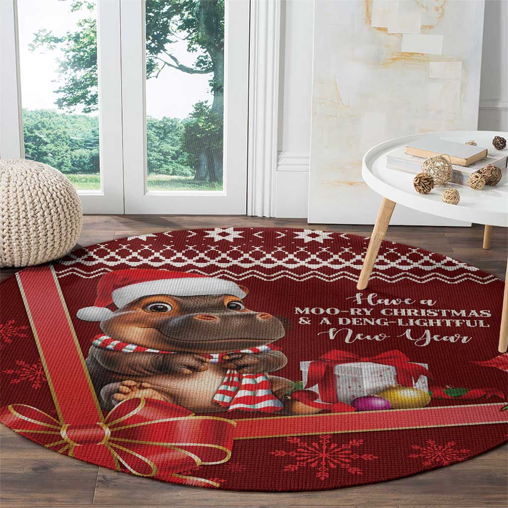 Red round Christmas carpet with cartoon cow, presents, and festive patterned border