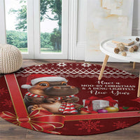 Red round Christmas carpet with cartoon cow, presents, and festive patterned border