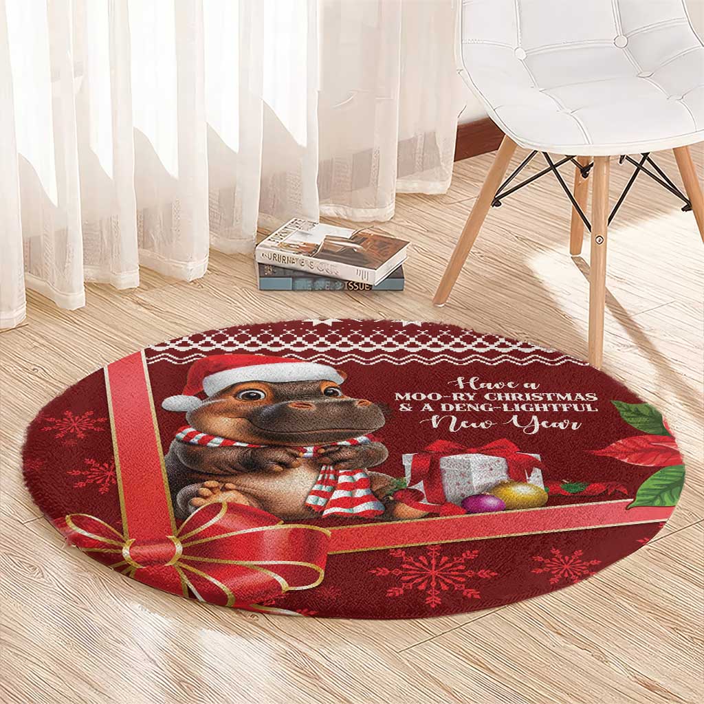 Red round Christmas carpet with cartoon cow in scarf and gifts graphic