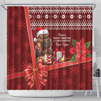 Red shower curtain with cartoon cow, holiday message, ornaments and poinsettia