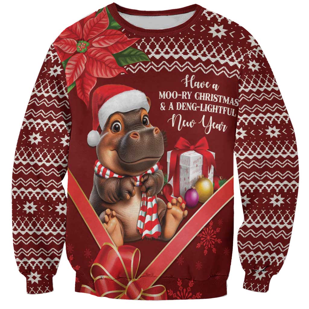 Red Christmas sweatshirt, crewneck with hippo holding candy cane graphic and text