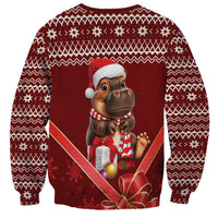 Red Christmas sweatshirt, crewneck with hippo in Santa hat holding candy cane and ornaments