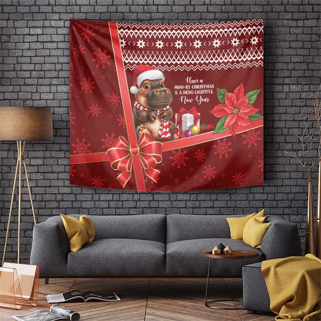 Red Christmas tapestry with cartoon hippo in Santa hat, gifts, poinsettias, snowflake patterns
