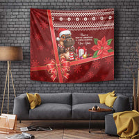 Red Christmas tapestry with cartoon hippo in Santa hat, gifts, poinsettias, snowflake patterns