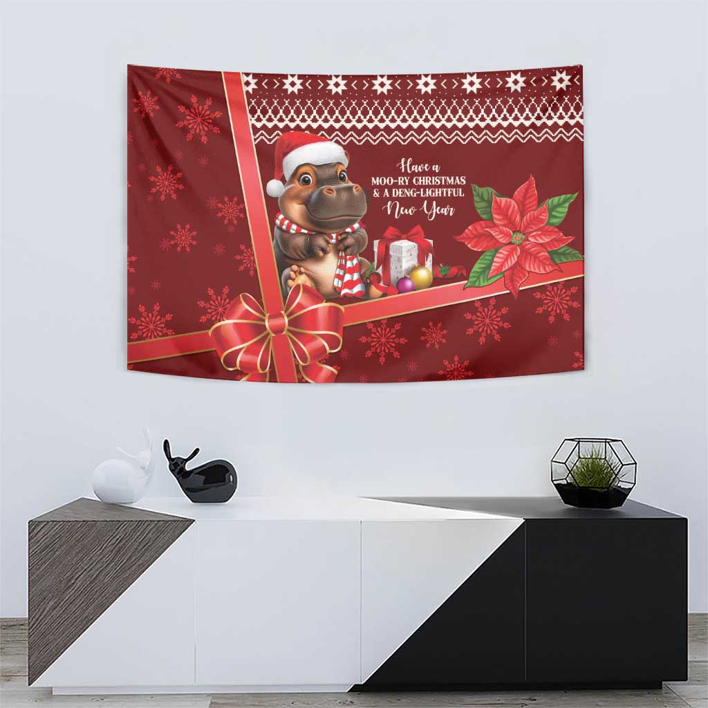 Red Christmas wall tapestry with cartoon hippo in Santa hat and gift box scene, poinsettias