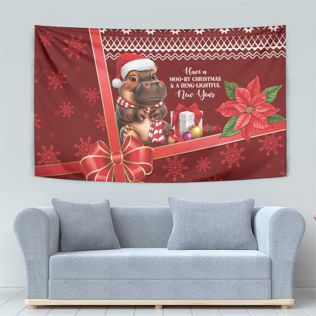 Red Christmas tapestry with cartoon hippo holding a present, holiday text, poinsettias