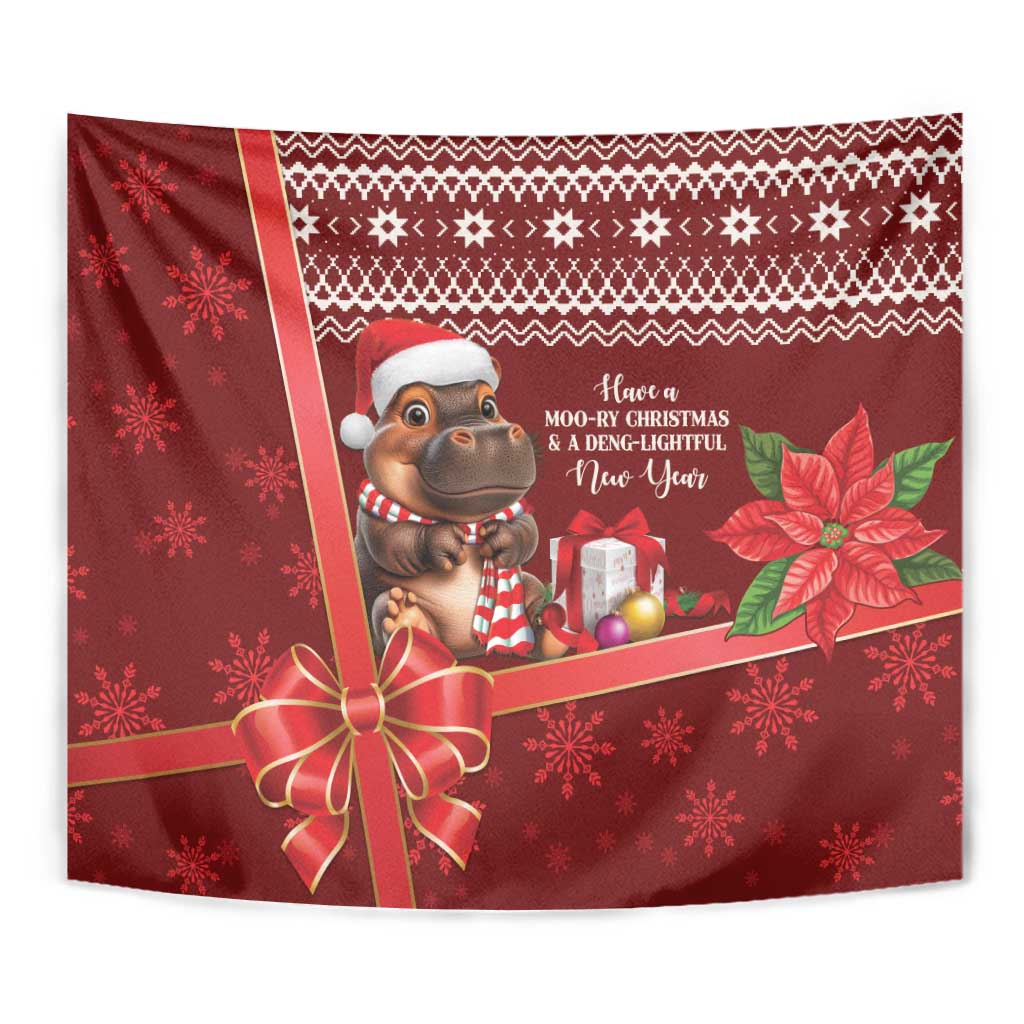 Red Christmas tapestry with cartoon hippo Santa hat, ribbon bow, gift boxes, poinsettias