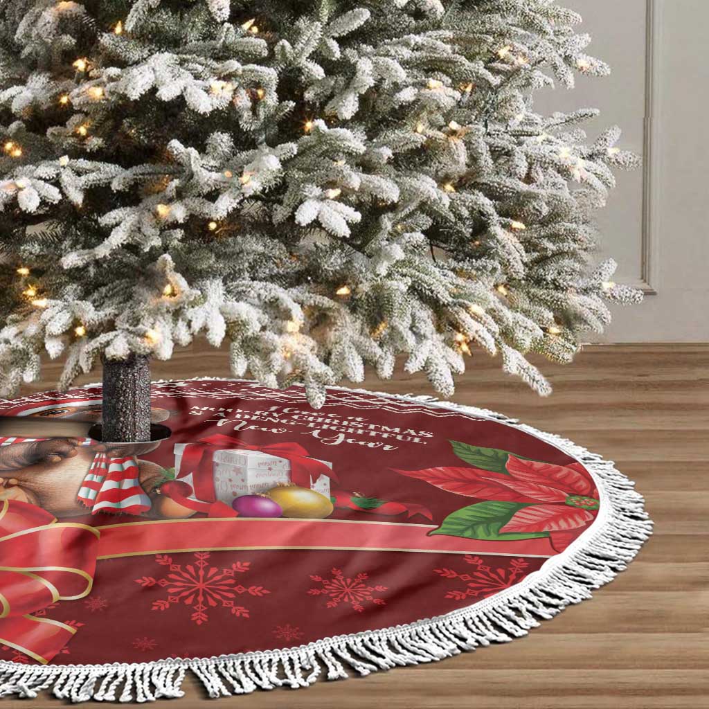 Red round Christmas tree skirt with white fringe border and cow-themed holiday artwork