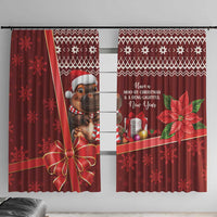 Set of red Christmas curtain panels with cartoon cow and festive geometric border