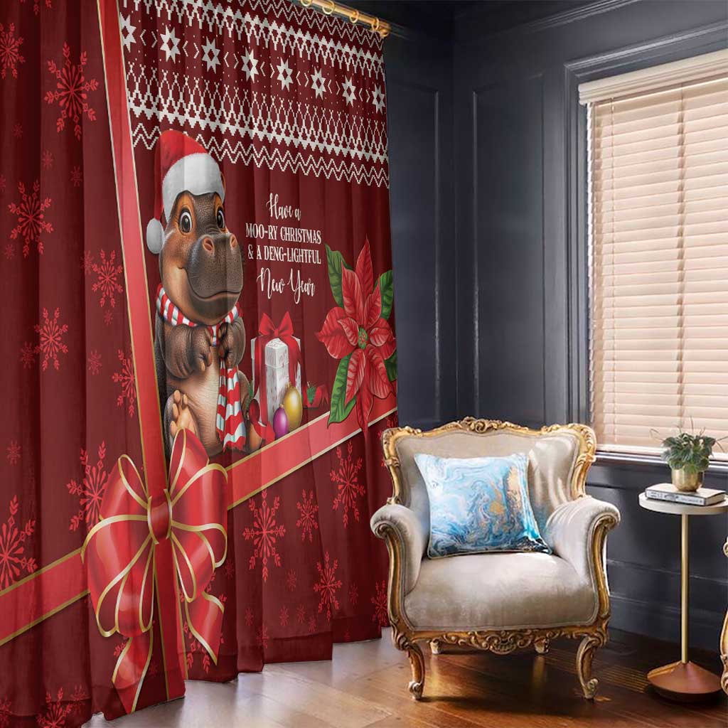 Red Christmas window curtain panels with cartoon cow, snowflakes, and poinsettia accents