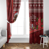 Red Christmas curtain panels framing a window, with cartoon cow and holiday greeting