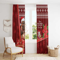 Red Christmas curtain panels with cartoon cow illustration and poinsettia holiday design