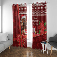 Red Christmas curtain panels featuring a cartoon cow and holiday greeting text