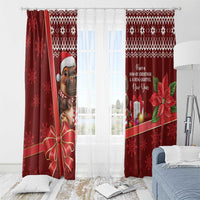 Red Christmas curtain panels with cartoon cow, snowflakes, and poinsettia holiday print