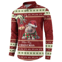 Red Christmas button sweatshirt side view with cartoon hippo Santa and festive pattern