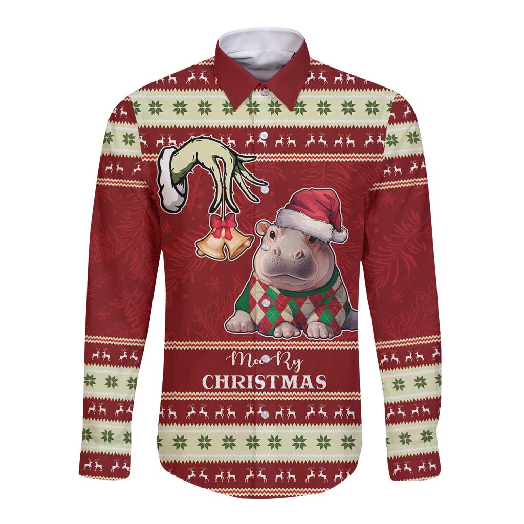 Red long-sleeve button shirt with Christmas hippo and Santa hat front graphic