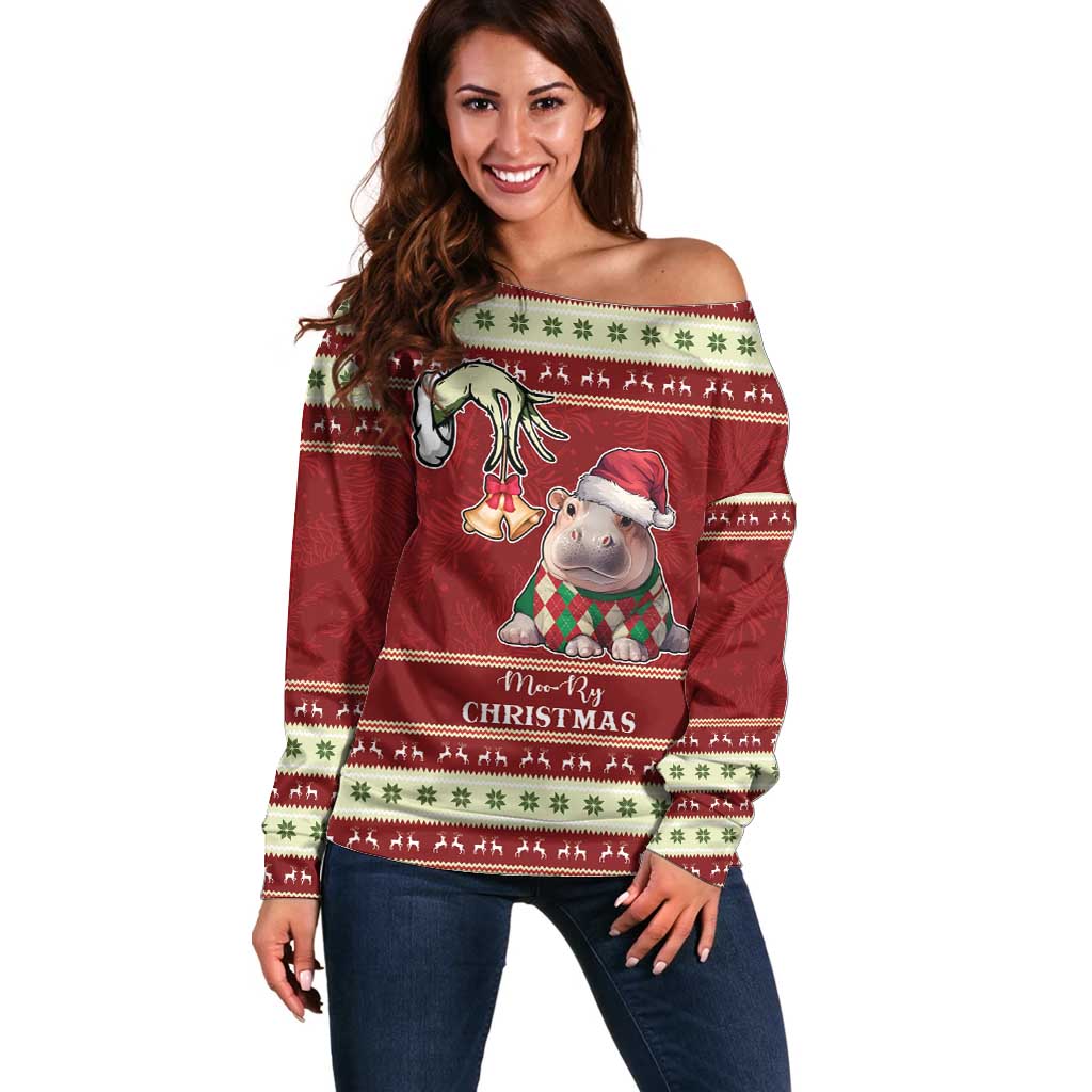 Moo Deng Moo-Ry Christmas Off Shoulder Sweater Santa Baby Pygmy Hippo - Wonder Print Shop