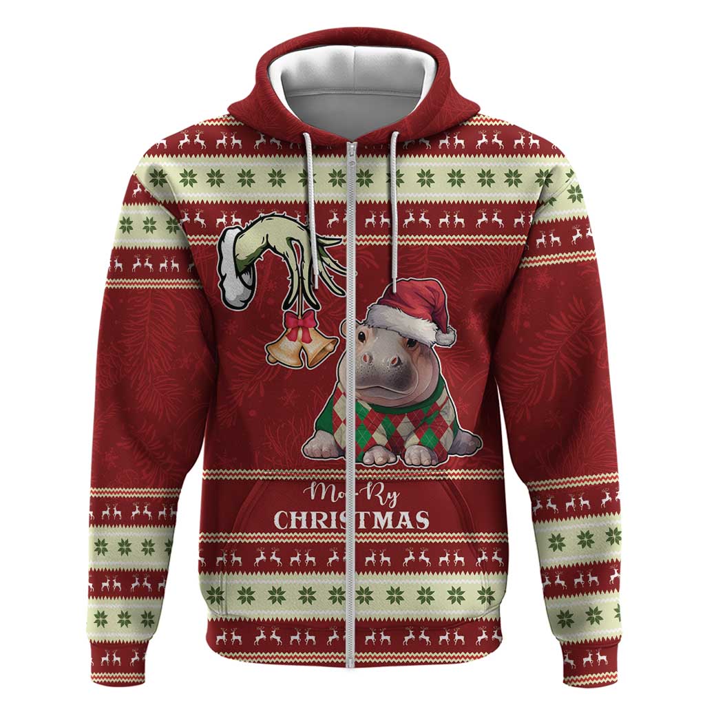 Moo Deng Moo-Ry Christmas Zip Hoodie Santa Baby Pygmy Hippo - Wonder Print Shop