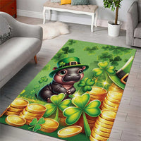 Green area rug featuring leprechaun animal, shamrocks, and stacked gold coins