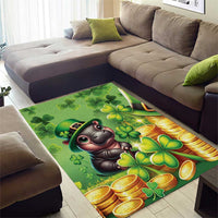 Green corner view area rug with leprechaun animal, clover leaves and gold coins
